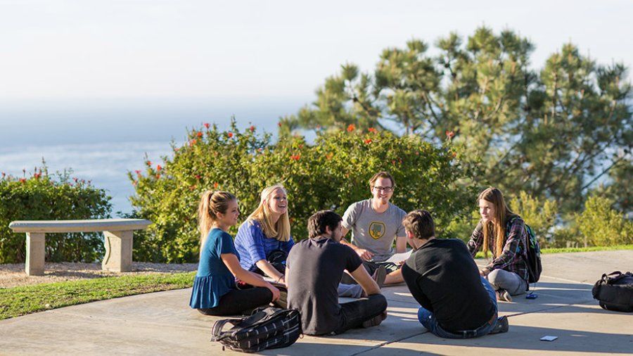 A group of students sit in a circle and talk about a project in McCollough Park