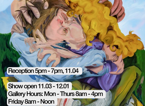 Event poster presenting event information published on the page with the visual graphic showcasing an oil painting of two individuals in an embrace in a smeared or purposefully stretched way.