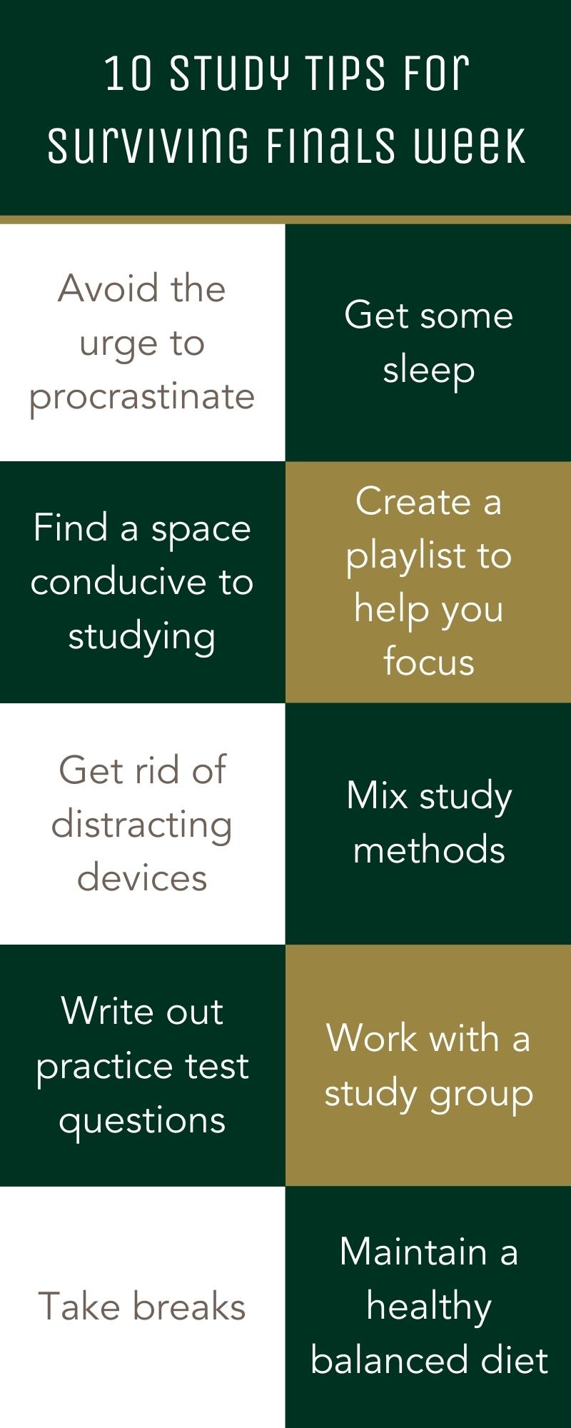 Infographic that shares 10 study tips for surviving finals week