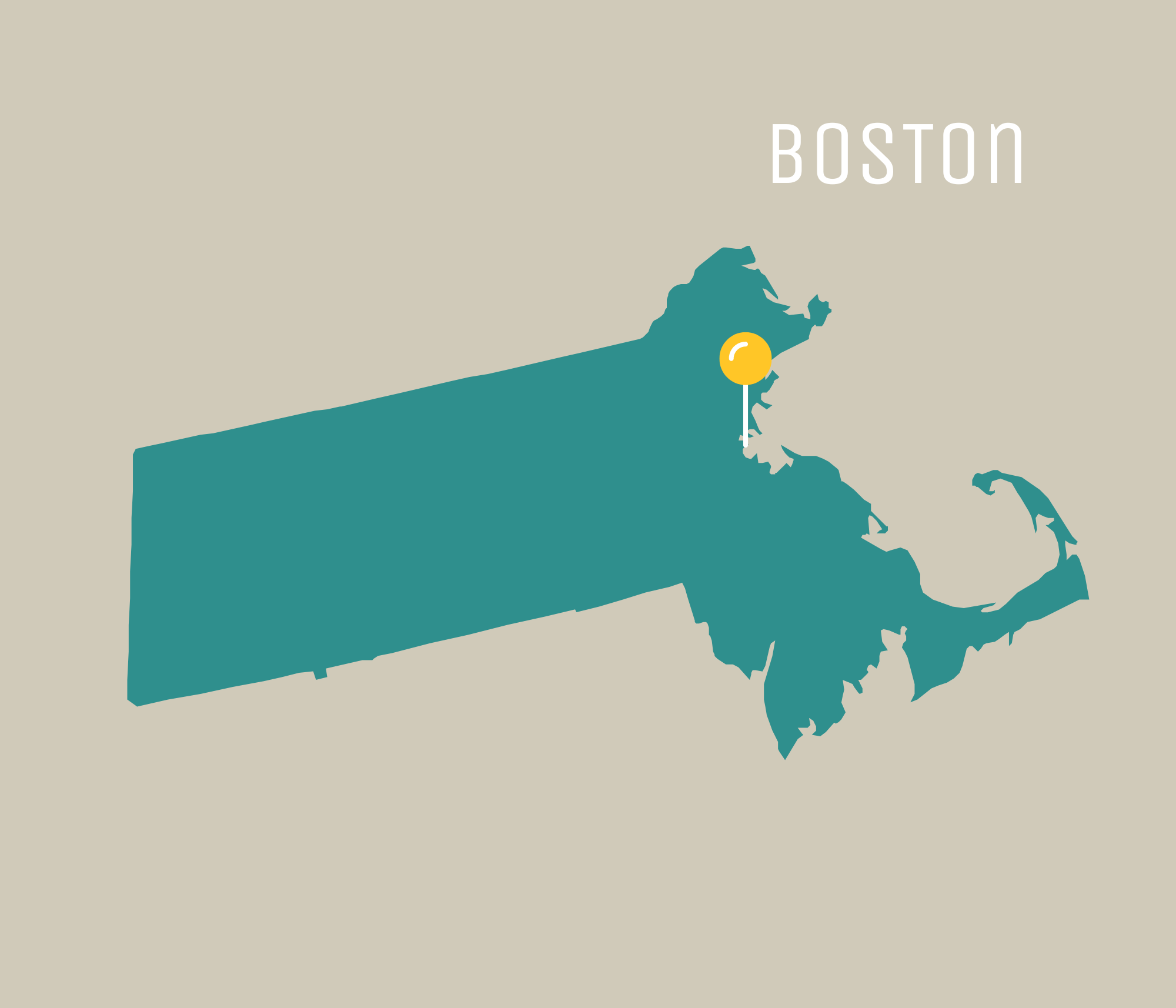 Yellow pin in the state of Massachusetts where Boston is