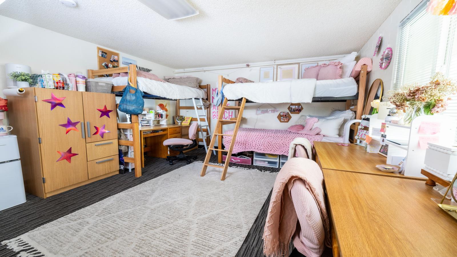Interior view of a dorm room in Finch Hall that can house up to 3 students.