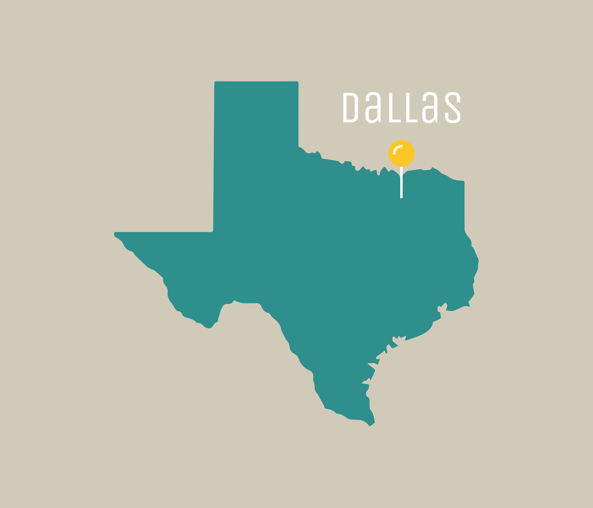 Yellow pin in the state of Texas where Dallas is