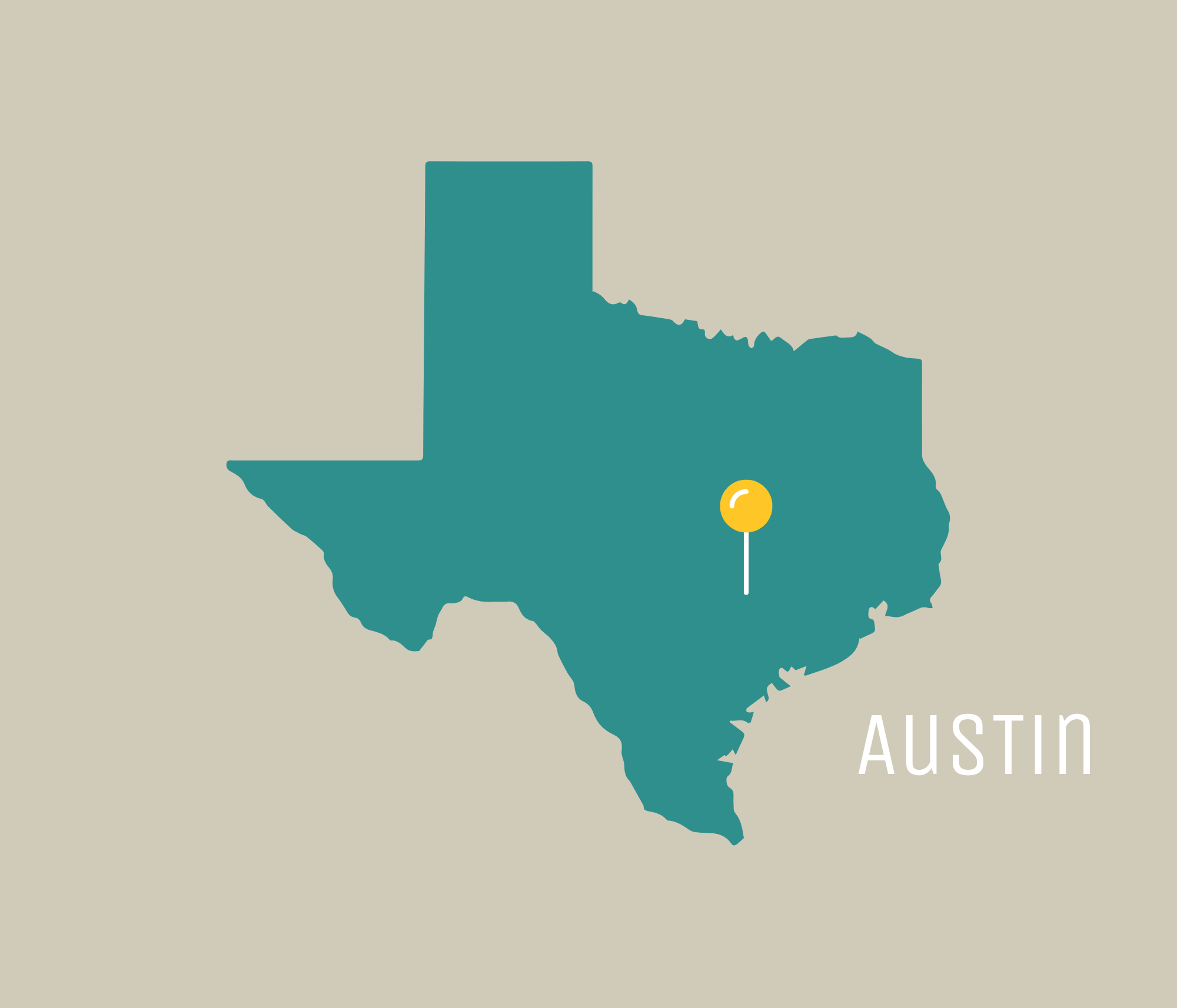 yellow pin in the state of Texas where Austin is
