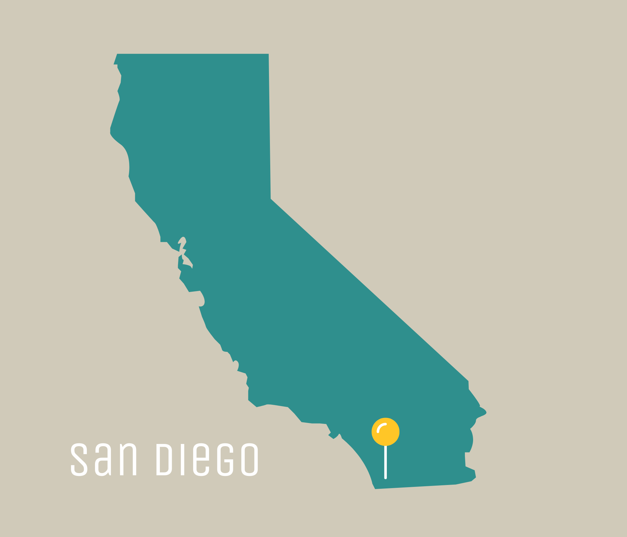 Yellow pin in the state of California where San Diego is