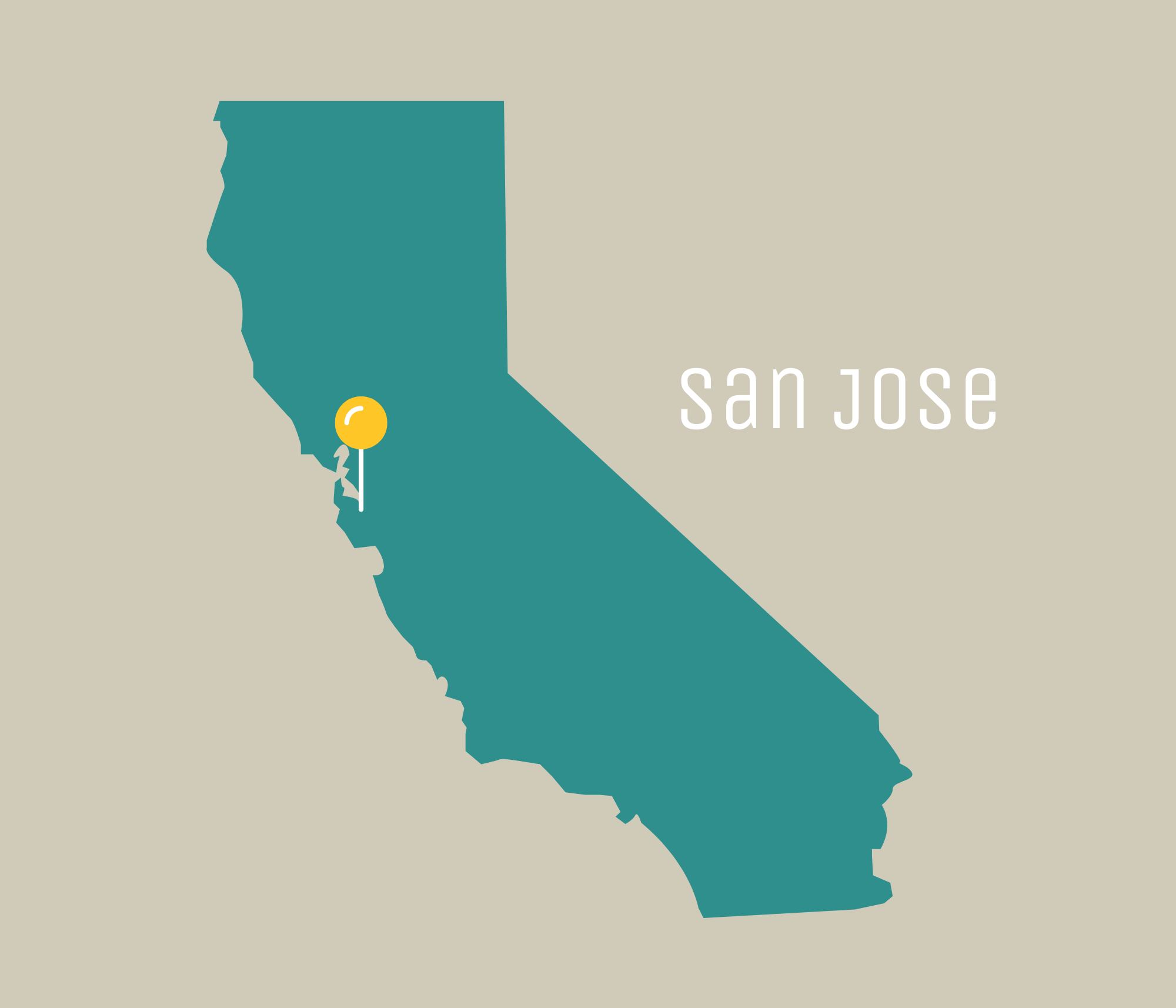 Yellow pin in the State of California where San Jose is