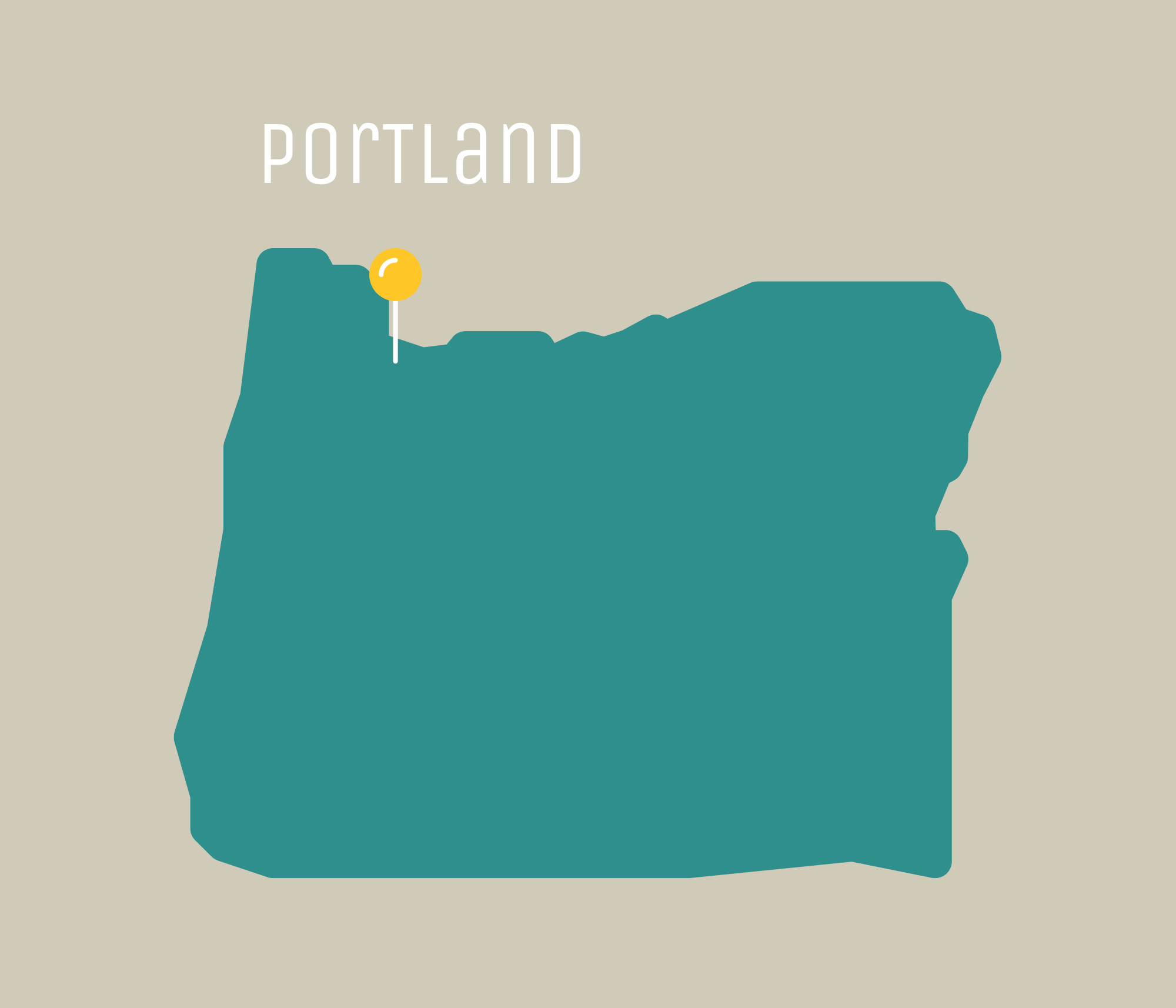 Yellow pin in the state of Oregon where Portland is