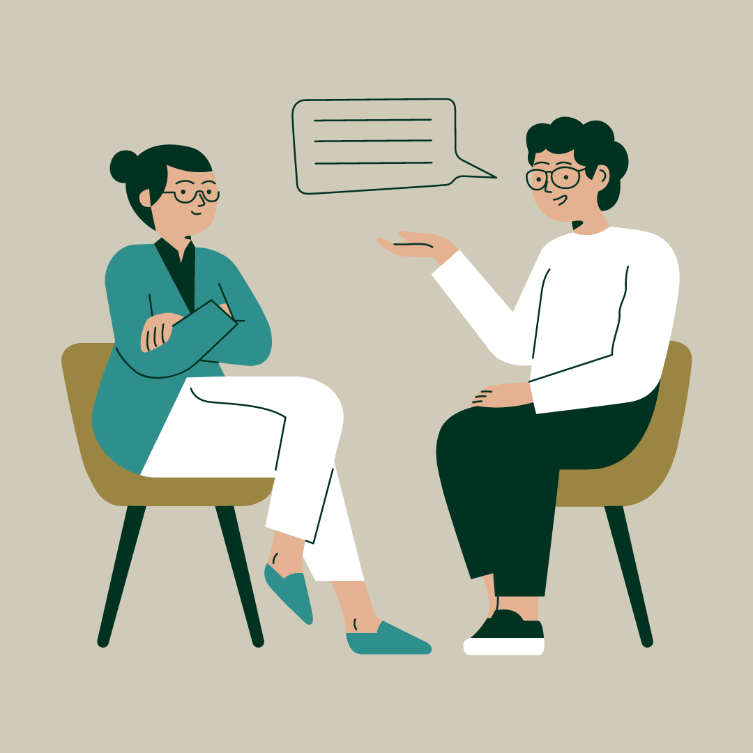 Drawing of a two people sitting on chairs. one is a therapist talking to his client.