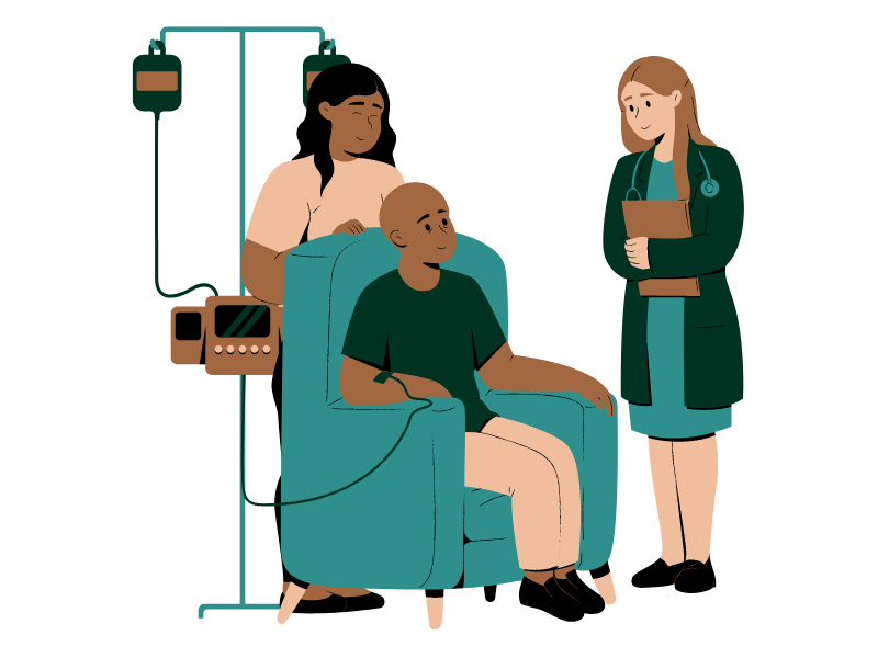 Graphic of a nurse speaking to a patient who is sitting on a chair. The patient is hooked to an IV machine. There is someone standing behind the patient who could either be a family member or another healthcare provider supporting the patient. 