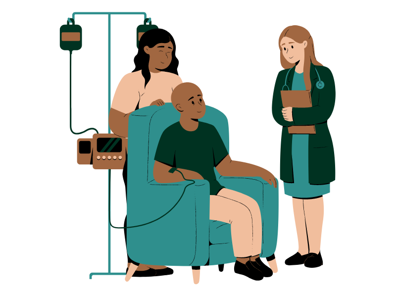 Graphic of a nurse speaking to a patient who is sitting on a chair. The patient is hooked to an IV machine. There is someone standing behind the patient who could either be a family member or another healthcare provider supporting the patient.