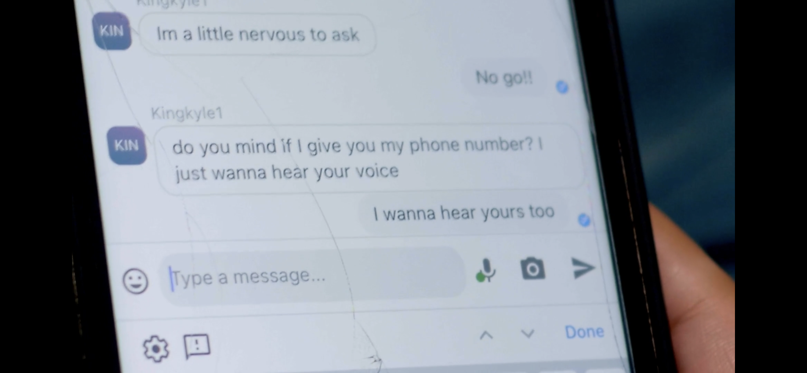 Text conversation featured on phone screen: "I'm a little nervous to ask" "No go!!!" "do you mind if I give you my number? I just want to hear your voice" "I wanna hear yours too"