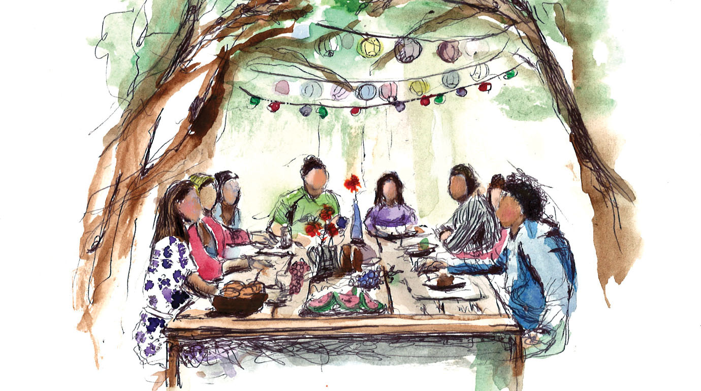 Illustration of People at Dinner Table