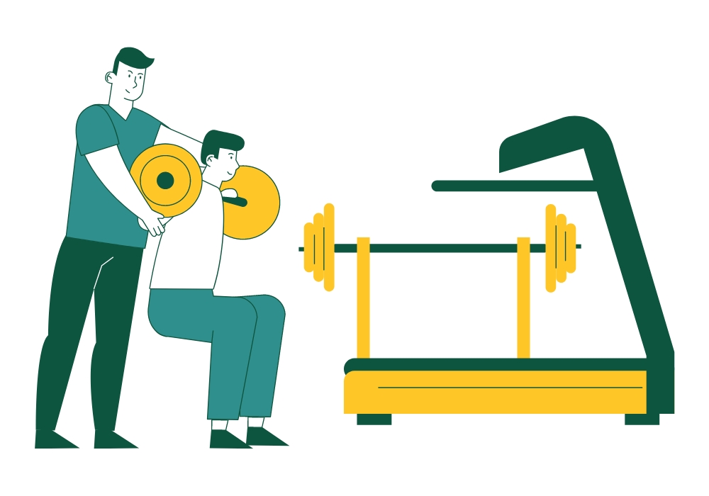 A graphic of a fitness trainer helping a client lift weights.