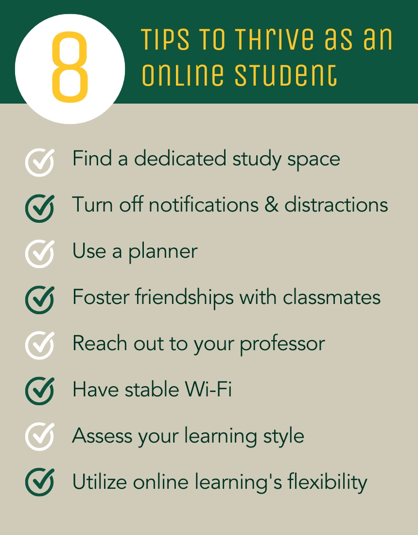 Top 8 Tips to Thrive as an Online Student Infographic