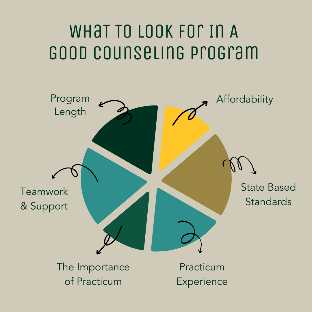 pie chart of what to look for in a good counseling program. program length, affordability, teamwork & support, the importance of practicum, practicum experience, state based standards. 