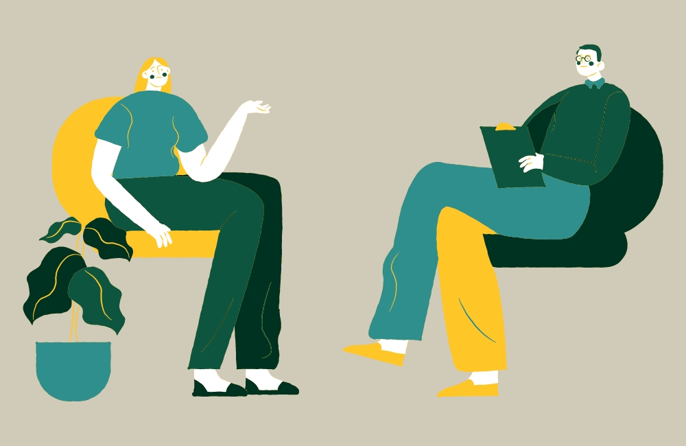 Graphic of a counselor and their client sitting in chairs and discussing.