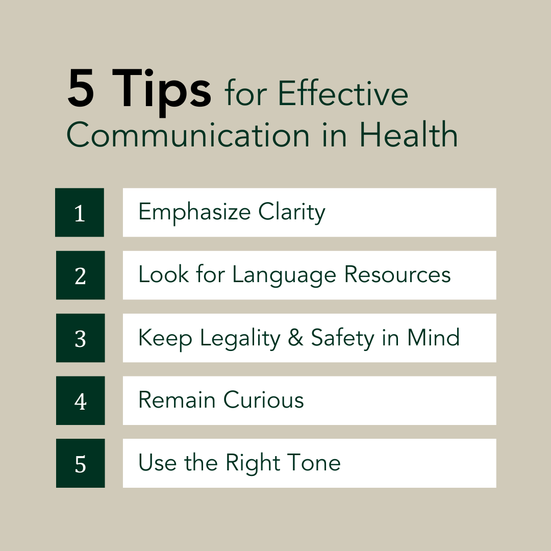 5 Tips for Effective Communication in Health Infographic: "Emphasize Clarity," "Look for Language Resources," "Keep Legality & Safety in Mind," "Remain Curious," and "Use the Right Tone."