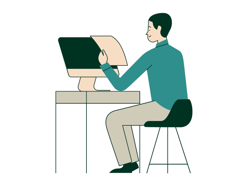 Graphic of a man sitting at a desk with a computer. He is holding a piece of paper.