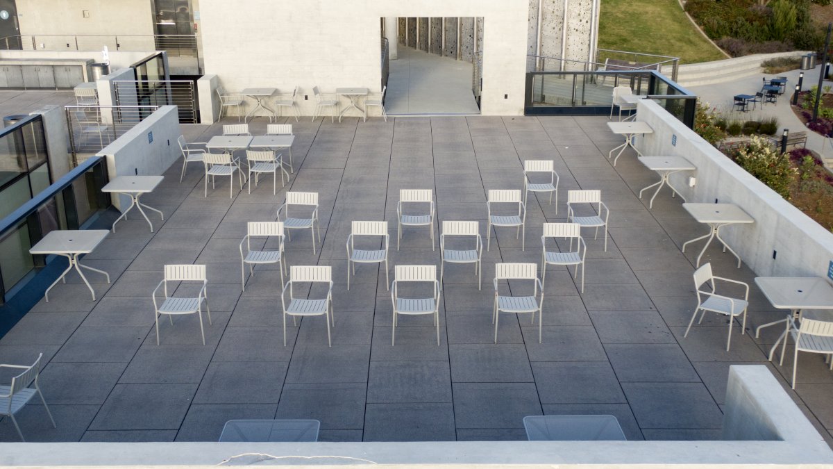 Drone overview shot of Rohr Hall from upper outside level.