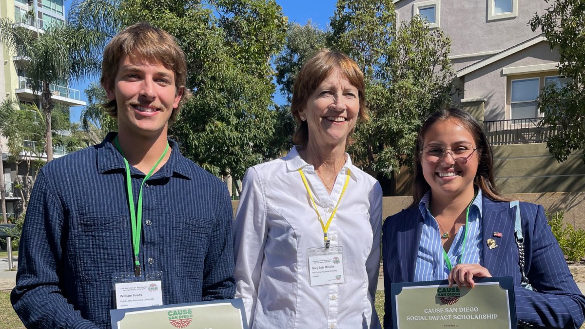 Cause Scholar Winners Jaden Ballardo and William Freds with Professor Mary Beth McCabe
