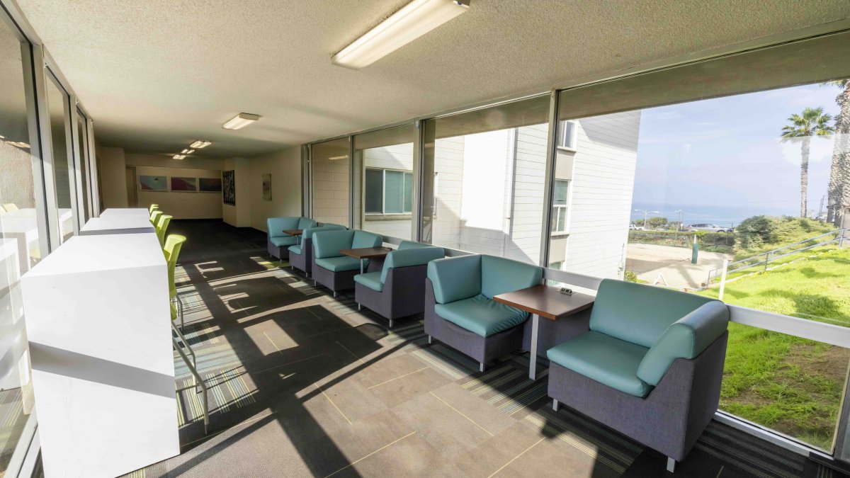 Living and common room space in entry hallway in Young Hall. 