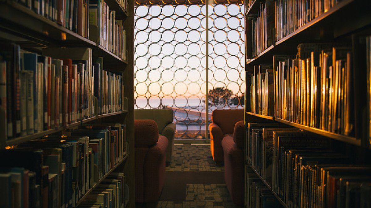 Ryan Library stacks at sunset