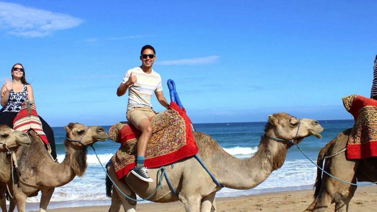 PLNU student Austin riding a camel while studying abroad