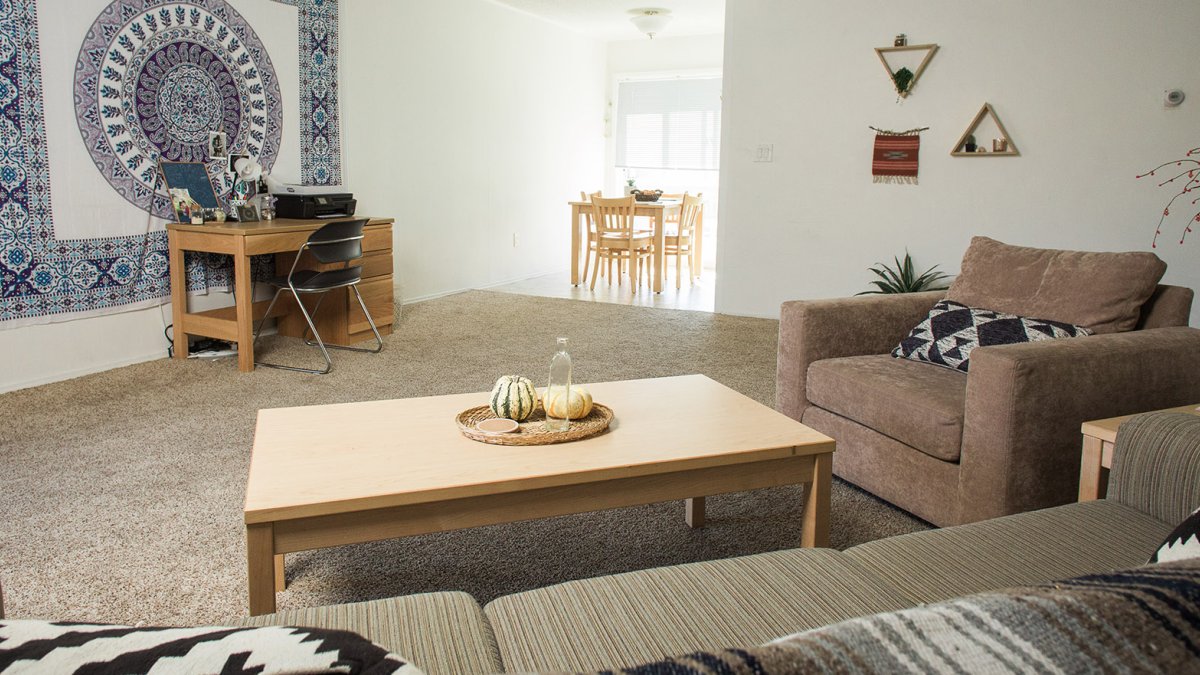 A Colony Apartment living room with multiple couches, desk, and open space.