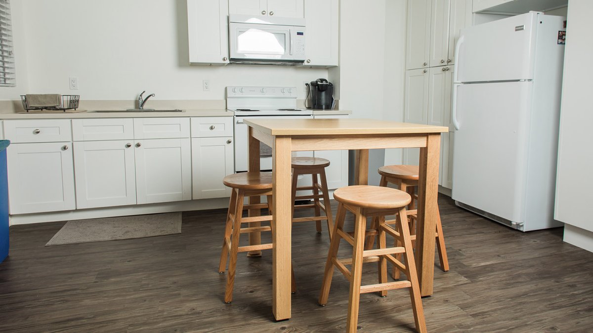 A combined kitchen and dining area in the Flex Apartments.