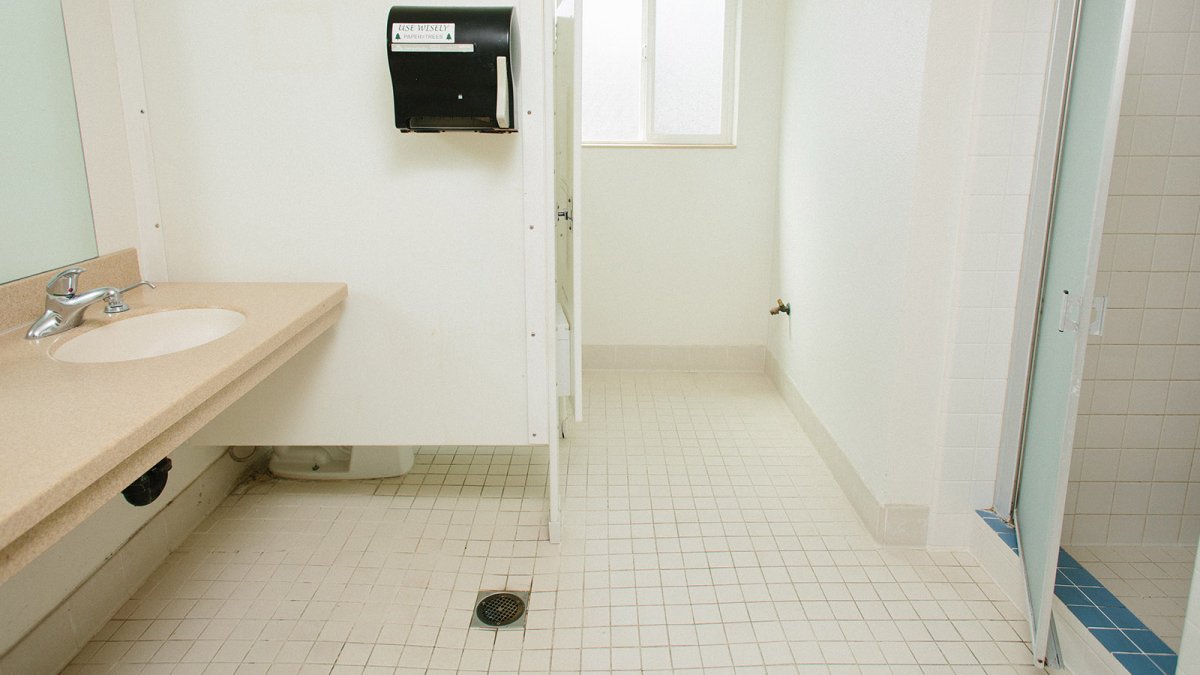 White and blue tiled bathrooms in Finch Hall