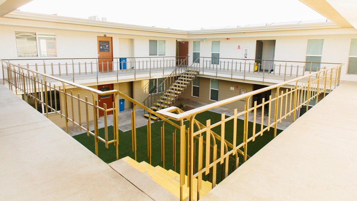 An upstairs view overlooking a courtyard in Goodwin.