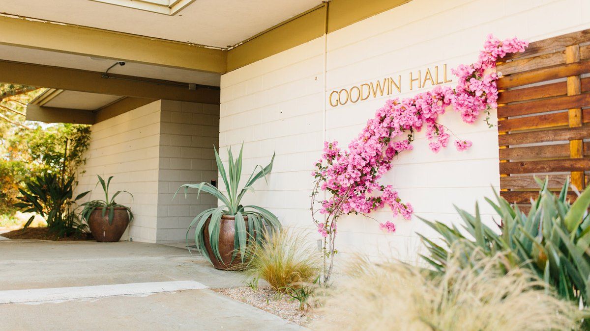The entrance to Goodwin Hall is adorned with bright pink flowers and large cacti.