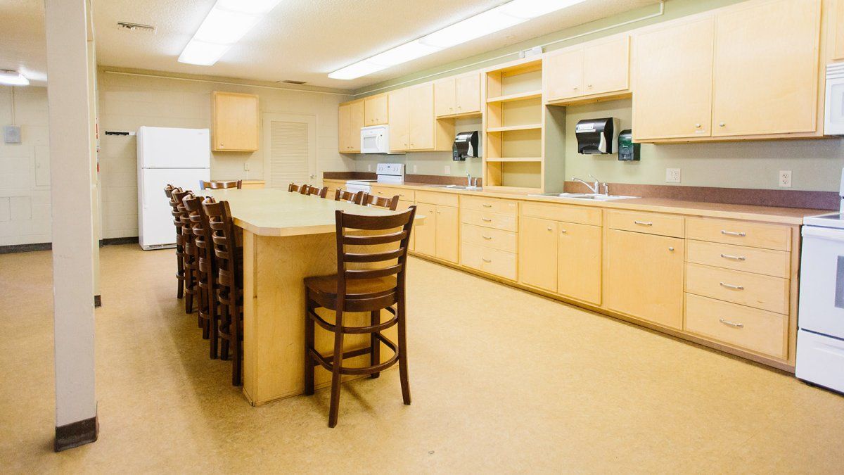 The Goodwin kitchen is a large space that offers appliances & furniture for big groups of students.