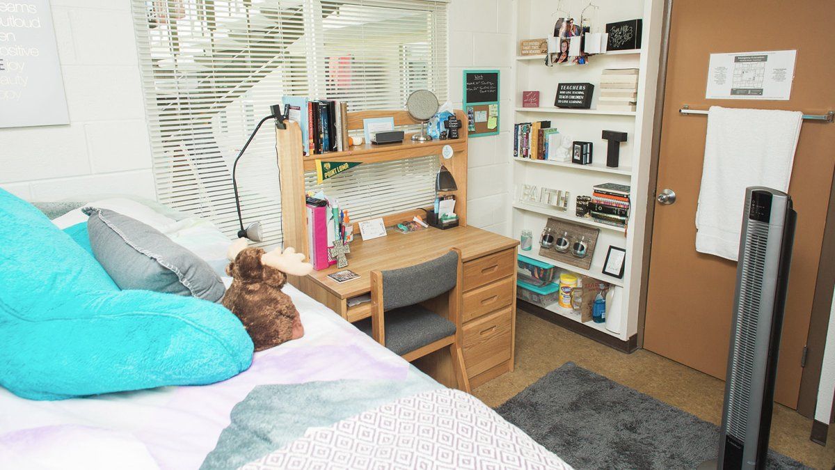 A built-in bookshelf filled with personal items in a room in Goodwin Hall.