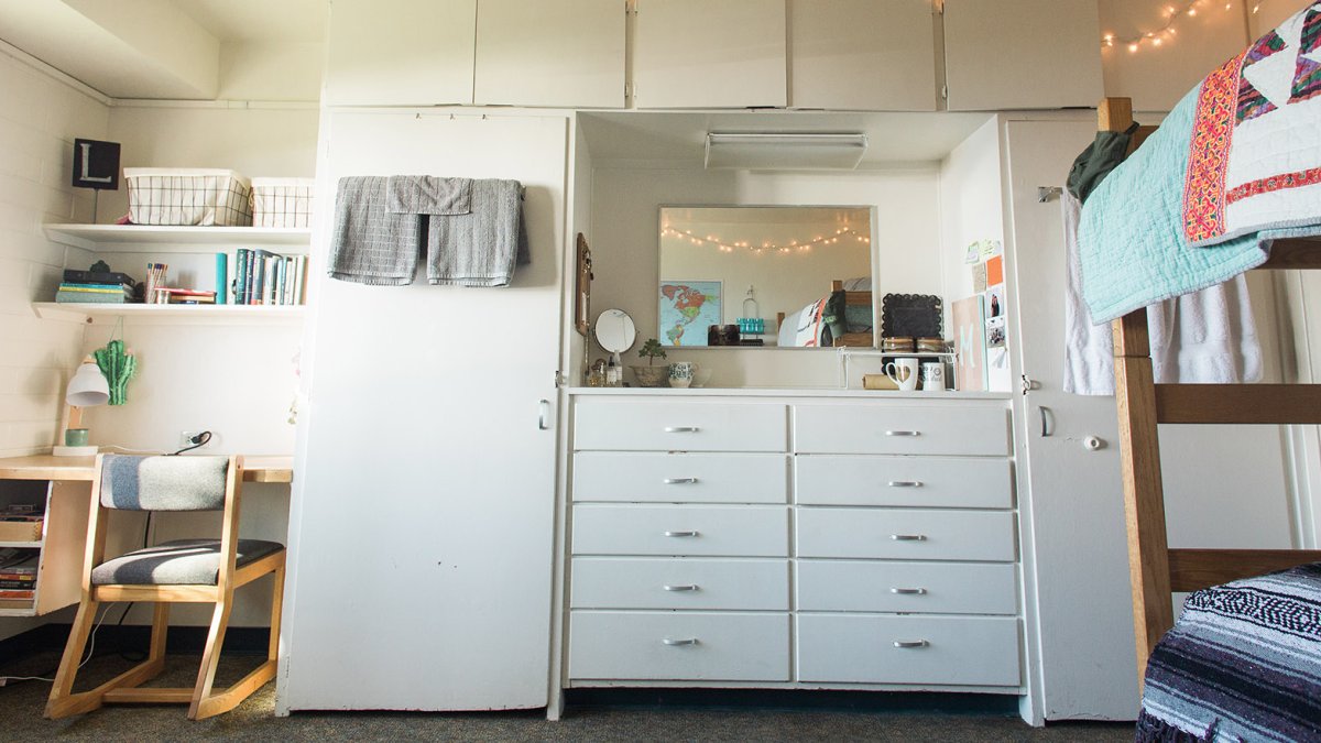 A room in Klassen Hall with plenty of built-in storage.