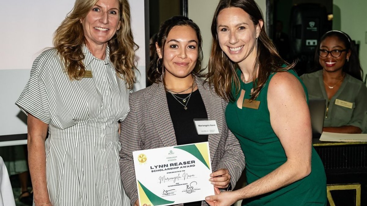 Photo of 2024 Lynn Reaser Scholarship Awardee with Dean Hess & GPS Coordinator Jen Hills