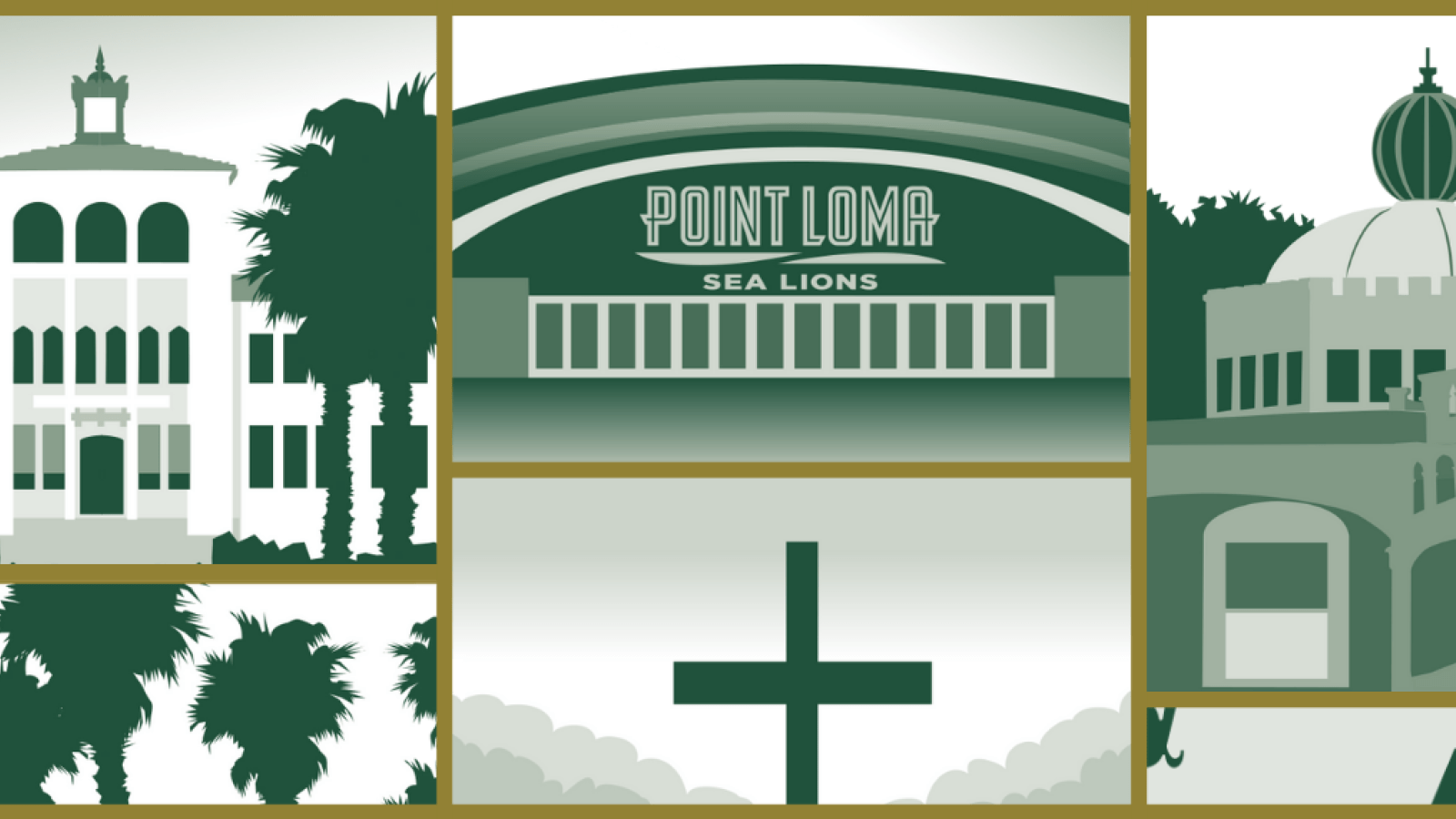 Green and gold illustrated buildings of campus