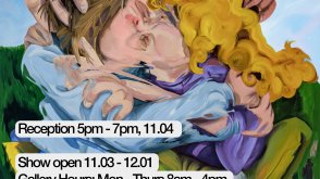 Event poster presenting event information published on the page with the visual graphic showcasing an oil painting of two individuals in an embrace in a smeared or purposefully stretched way.