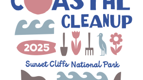 Poster graphic for PLNU's 3rd Annual Coastal Clean Up. Poster includes an array of beach visuals such as seagulls, waves, gardening tools and cliffs presenting event information. Information includes date and times.