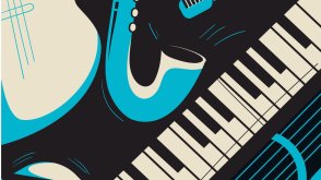 Visual graphic of jazz instruments depicted in three colors: Light blue, off white, and black.