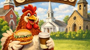 a cartoon image of a chicken holding a chicken sandwich and coffee cup standing in front of three church building