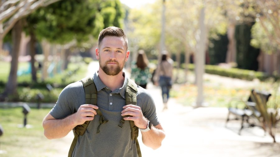 Military student walking on campus