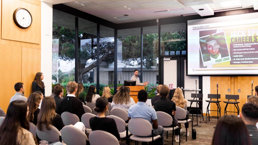 San Diego Padres presenting for PLNU business students that the Fermanian School of Business.