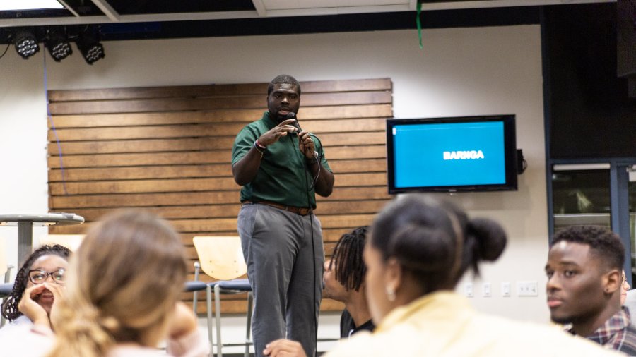 Sam Kwapong speaking to students