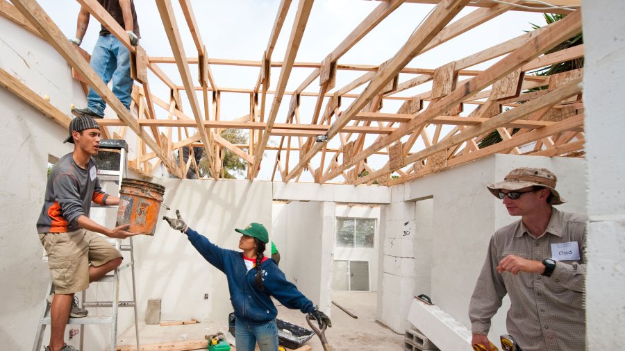 Students at construction site on mission trip to Mexico