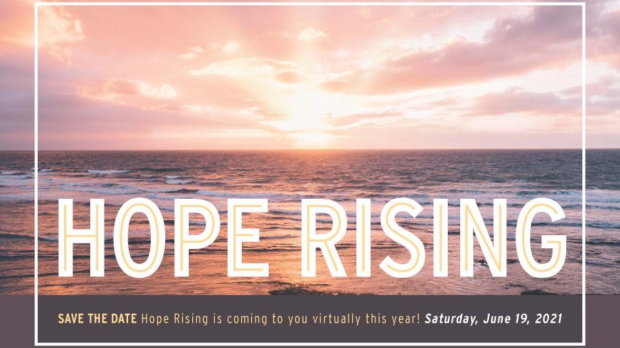 Pink sunset with text saying, "Hope Rising"