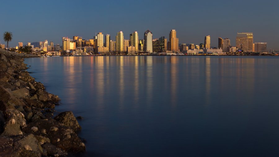 A panoramic image of the San Diego skyline from Harbor Island.