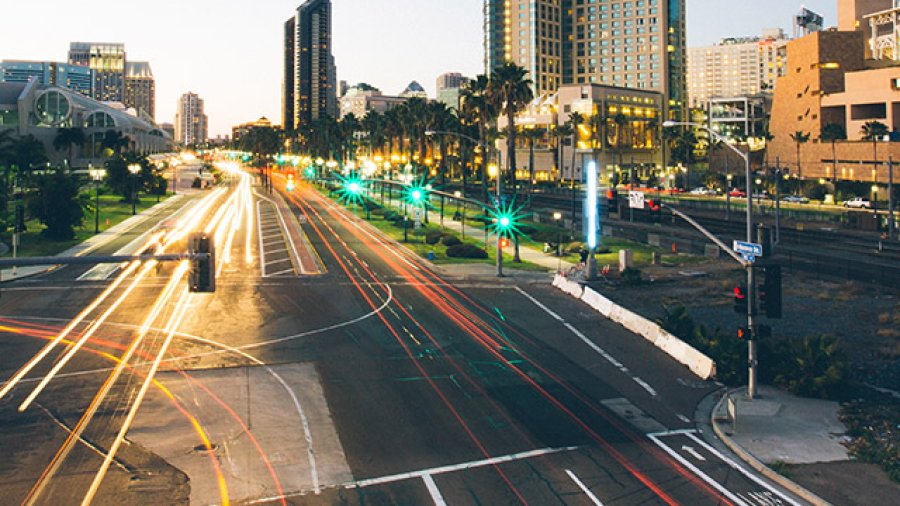 A downtown long exposure shot of San Diego at sunset