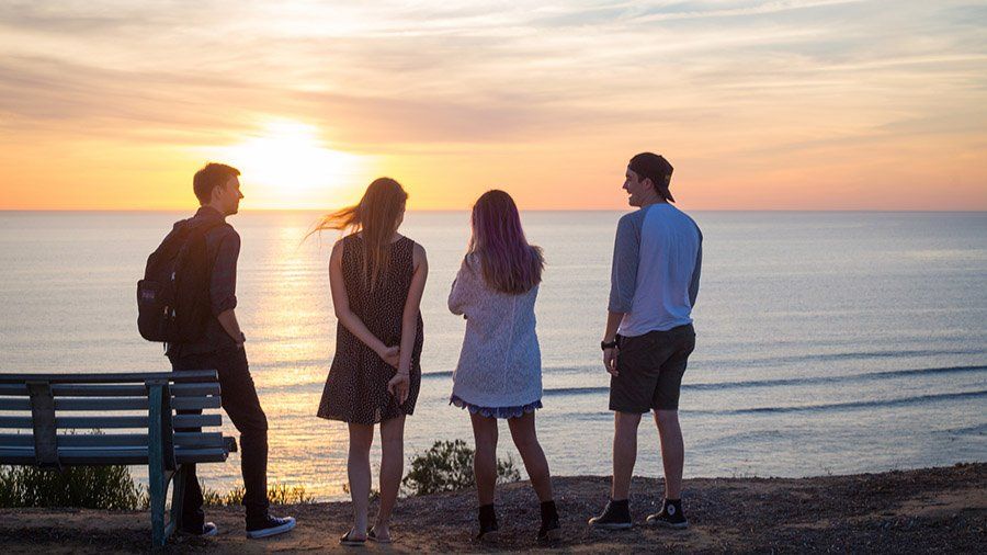 A group of friends watch the sunset over the ocean.