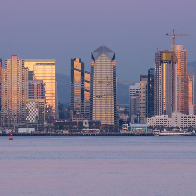 The San Diego skyline at twilight.