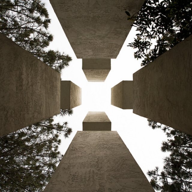 Looking up at the sky through the cross outside of Brown Chapel